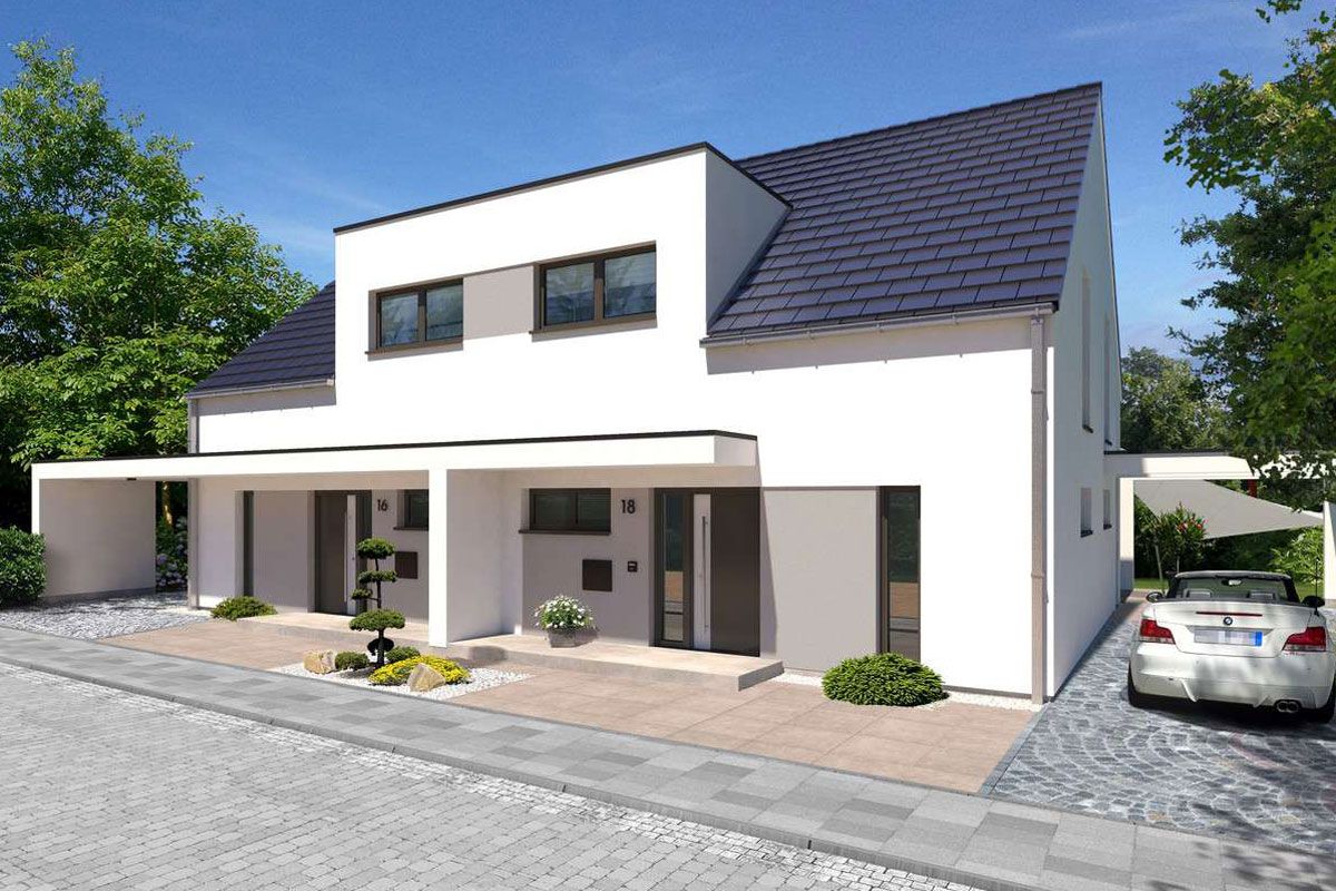 Modernes Doppelhaus mit überdachtem Eingang und Parkplatz