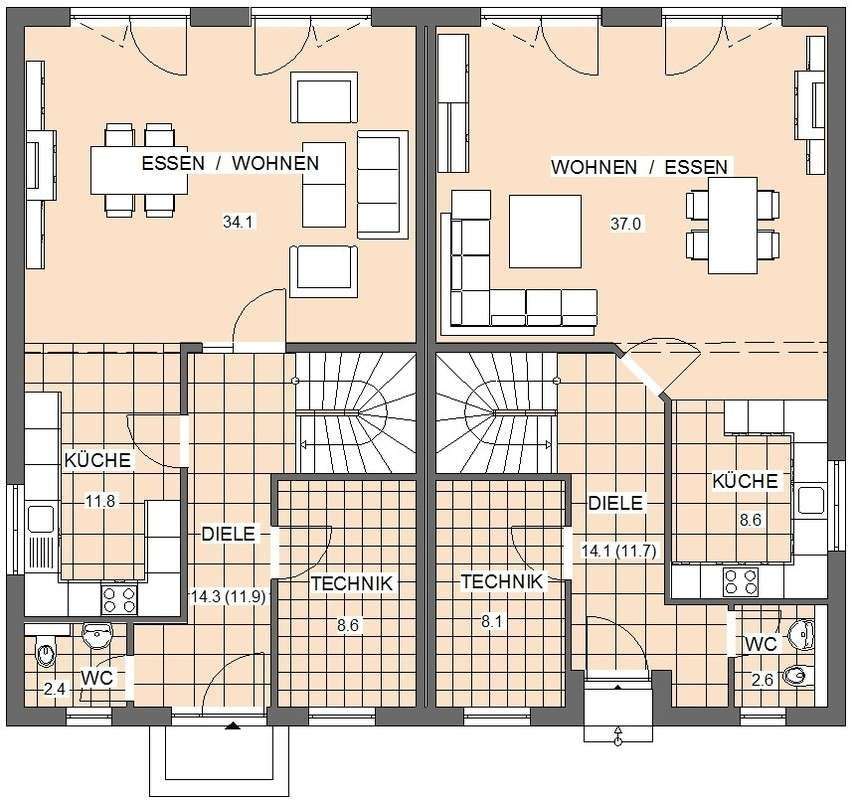 Grundriss eines Doppelhauses