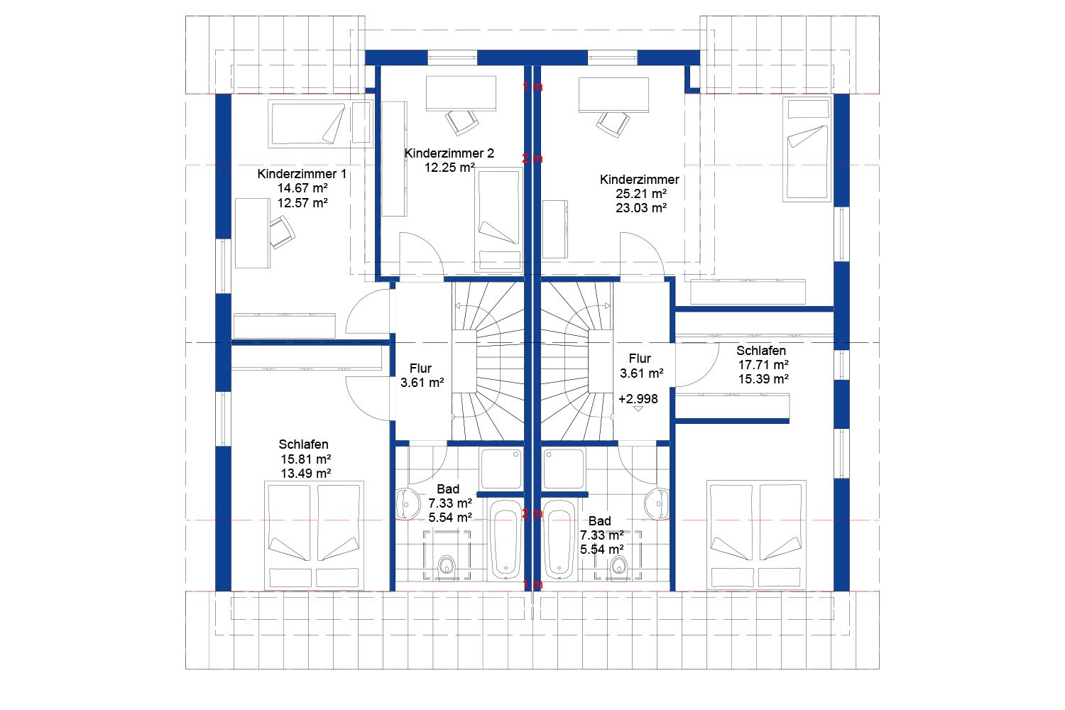 NORDHAUS | Grundriss Obergeschoss Doppelhaus DH 118 | Hausbau made im Bergischen