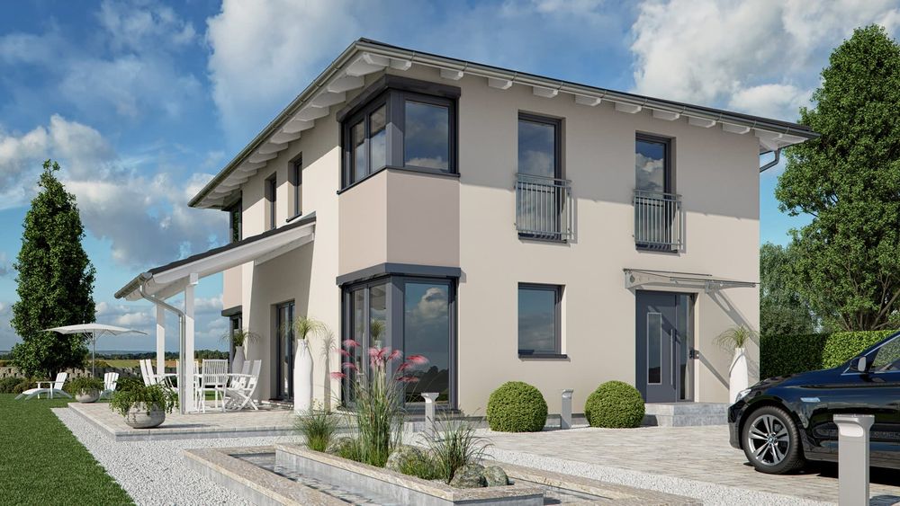 Moderne Stadtvilla mit Zeltdach, Garten und überdachter Terrasse