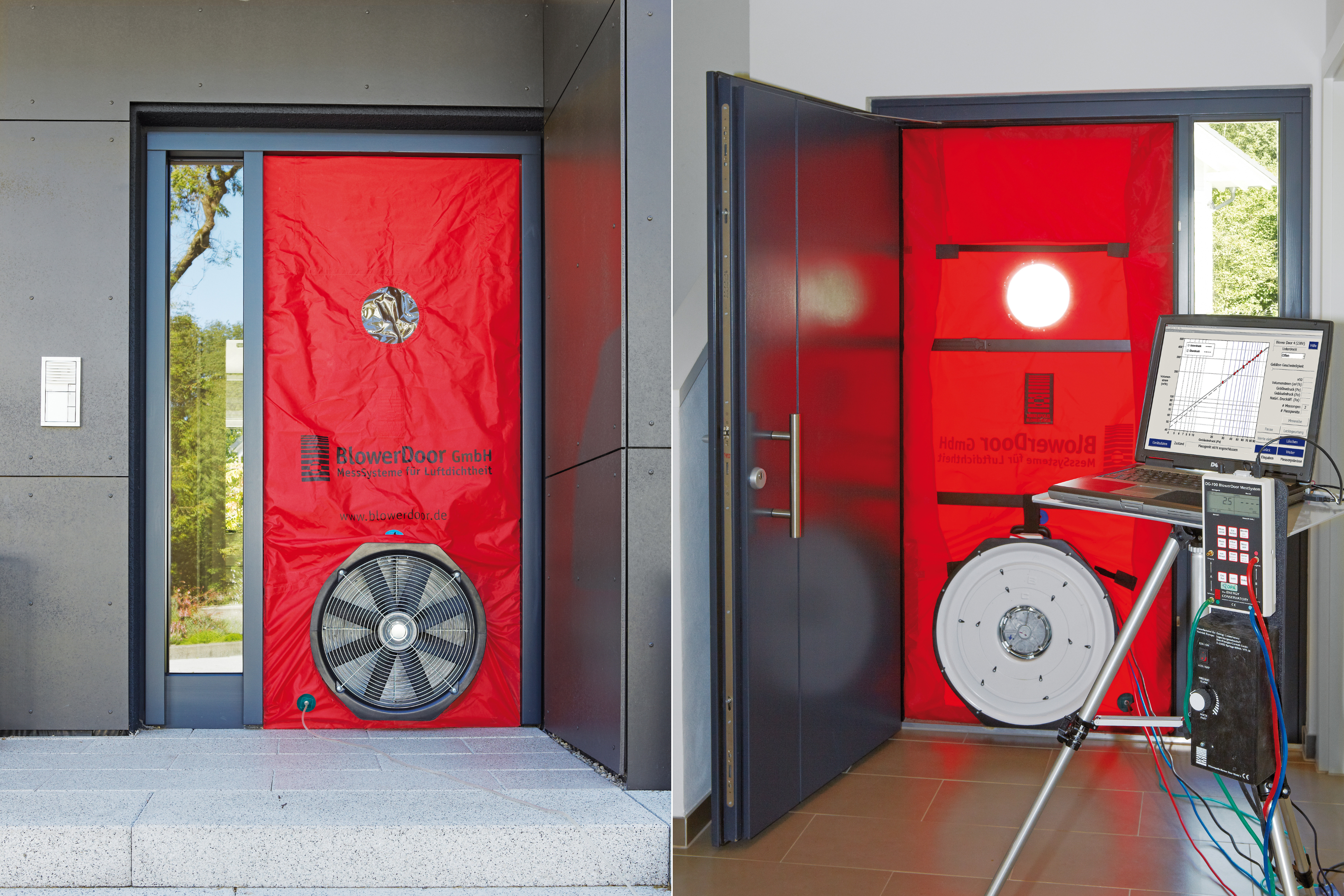 Haustür mit Blower Door Test für ein luftdichtes Haus