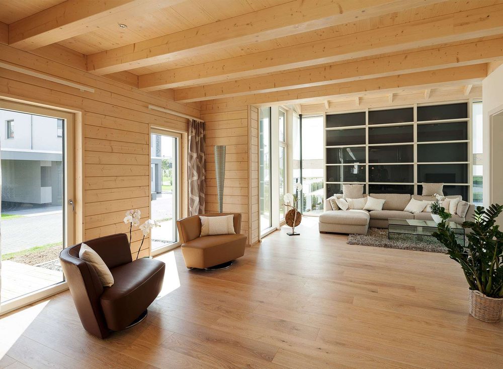 Offenes Wohnzimmer mit Holzoptik zum Wohlfühlen