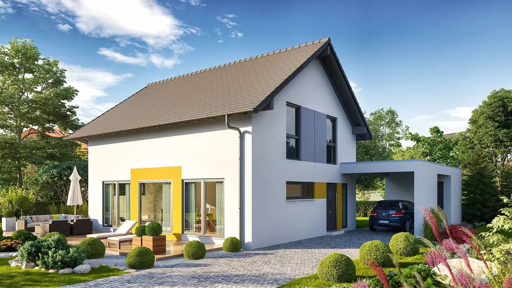 Modernes Fertighaus mit Satteldach und Garage