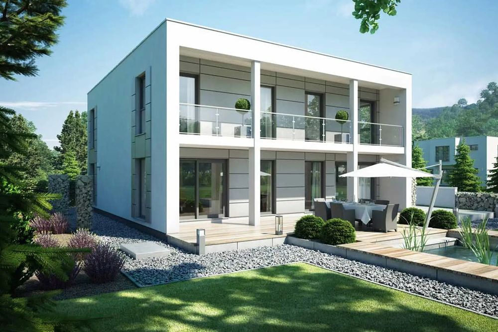 Modernes Kubushaus im Bauhausstil mit Flachdach und Putzfassade